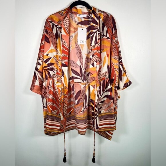 NWT DR2 Daniel Rainn Tropical Satin Ruana Wide 3/4 Sleeves Beaded Drawstring S/M - Picture 9 of 16